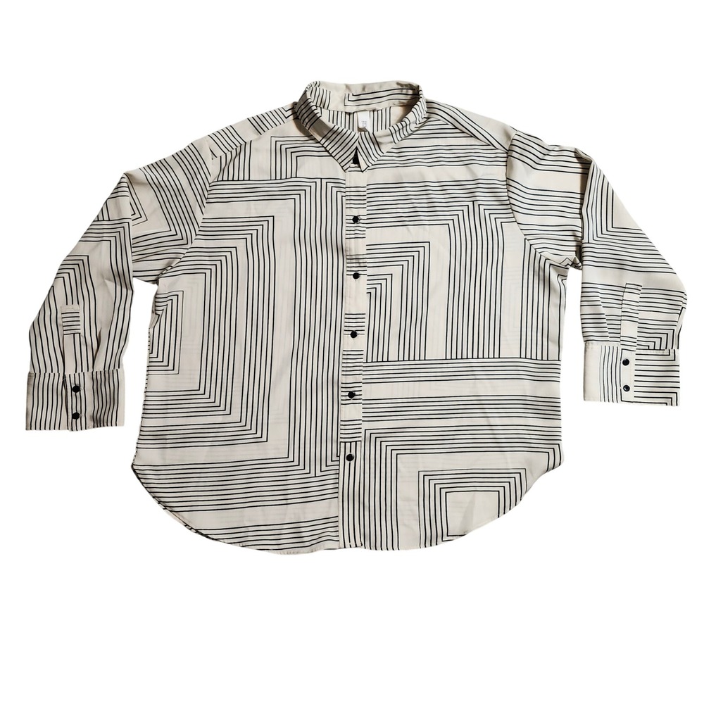 HM Womens XXL Geometric Linear Maze Print Button Down Blouse Cream Black Top